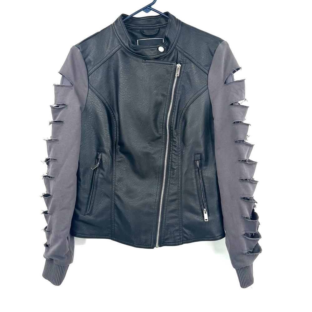 BNCI Size Medium Jacket Black PU Asymmetrical‎ Zip Up Snaps Biker Punk Rock
